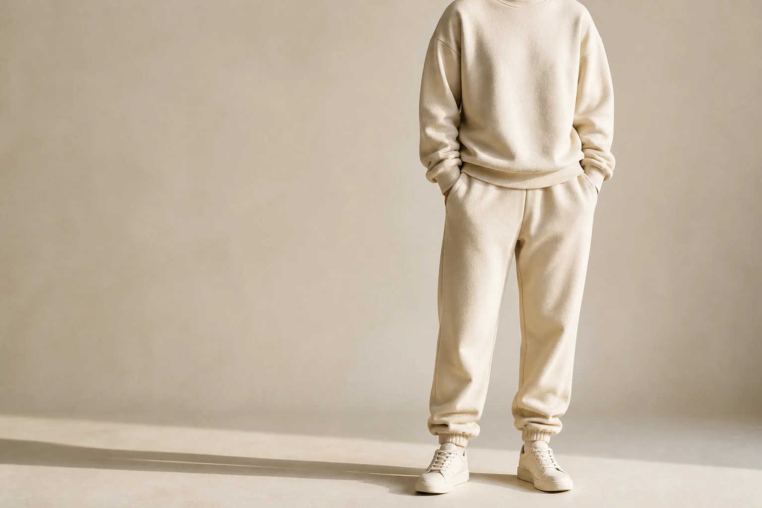 Someone wearing The Heavy Crew and The Heavy Sweatpant in oat